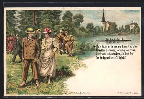 Lithographie feine Gesellschaft läuft Barfuss am Flussufer entlang