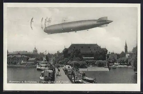 AK Konstanz a. B., Hafenpartie mit Konzil und Luftschiff LZ127 Graf Zeppelin