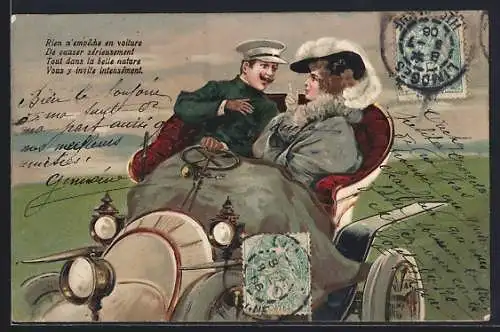 Lithographie Mann erklärt der Dame die Einzelheiten seines Autos