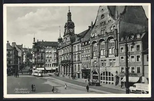 AK Pforzheim, Marktplatz mit Strassenbahn, Autos, Gaststätte Zum Beckh