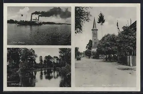 AK Söllingen / Rhein, Rheindampfer, Partie am Altrhein und Kirche