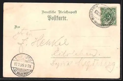 Lithographie Mainz, Totalansicht, Gutenberg-Denkmal