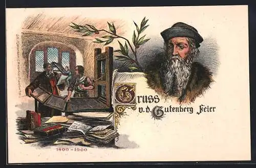 Lithographie Bildnis Gutenbergs, Gutenberger an der Druckerpresse in seiner Werkstatt