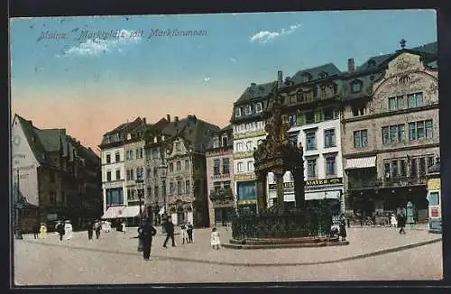 AK Mainz, Marktplatz mit Brunnen und vielen Geschäften