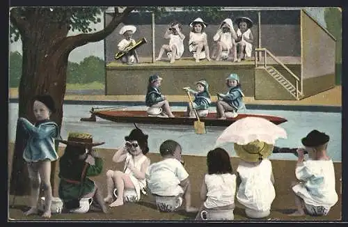 AK Kleine Kinder auf Nachttöpfen mit Spaten, Fernglas u. Fernrohr, Toilettenhumor