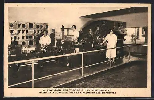 AK Paris, Exposition 1937, Pavillon des Tabacs, Machines a Confectionner et a Paqueter les Cigarettes, Tabak-Ausstellung