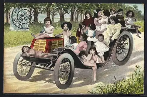 AK Auto mit vielen Kleinkindern darin, Fotomontage