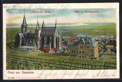 AK Oppenheim, Blick auf Katharinen Kirche, Obst- u. Weinbauschule