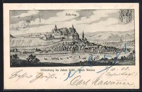 Lithographie Dillenburg, Historische Gesamtansicht anno 1646 nach Merian