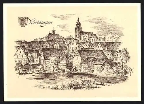 Künstler-AK Böblingen, Ortspartie mit Teich, Wappen