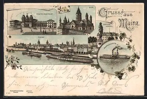 Lithographie Mainz, Dom, Schillerdenkmal und Centralbahnhof