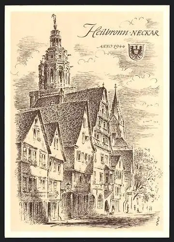 Künstler-AK Heilbronn, Ansicht von Heilbronn anno 1944, Stadtwappen