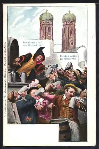 Künstler-AK München, Frauenkirche, Münchner Kindl am Bierfass