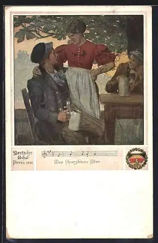 Künstler-AK Karl Friedrich Gsur, Deutscher Schulverein Nr. 463: Mann mit einem Bierkurg, Frau steht neben ihm