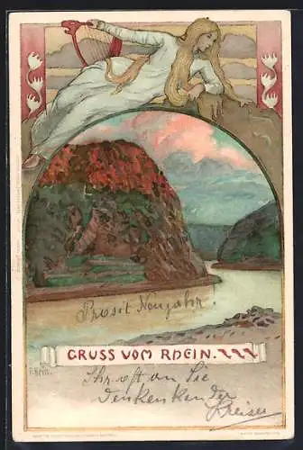 Künstler-Lithographie Franz Hein: Loreley am Rhein