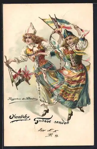 Lithographie Frauen in schwedischer Tracht beim Flaggentanz