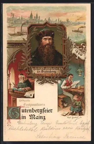 AK Mainz, 500. Gutenbergfeier, 1400-1900, Johann Gensfleisch zu Gutenberg