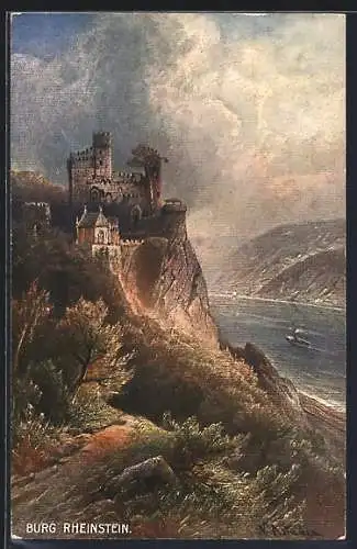 Künstler-AK Trechtingshausen, an der Burg Rheinstein