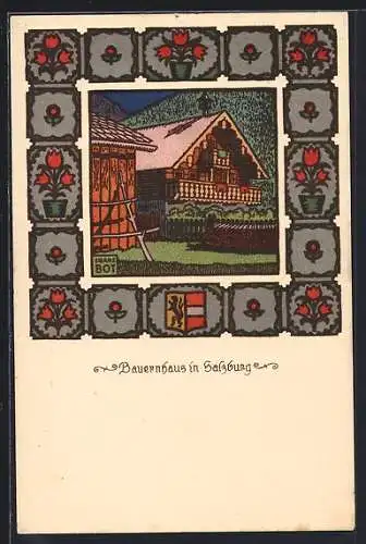 Künstler-AK sign. Franz Bot: Fröhliche Weihnachten!, Bauernhaus