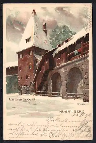 Künstler-Lithographie Karl Mutter: Nürnberg, Partie an der Stadtmauer im Winter