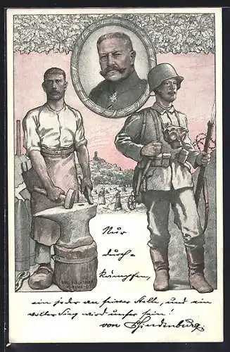 Künstler-AK Porträt Paul von Hindenburg, Soldat und Arbeiter, Frauen bei der Feldarbeit