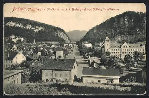 AK Feldkirch /Vorarlberg, Ill-Partie mit k. k. Kreisgericht und Schloss Schattenberg