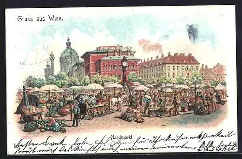 Lithographie Wien, Markttag auf dem Naschmarkt