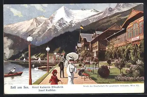 AK Zell am See, Partie am See mit Hotel, Ruderboot, Schwäne