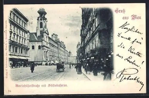 AK Wien VI, Mariahilferstrasse mit Stiftskaserne, Geschäfte, Pferdekutsche