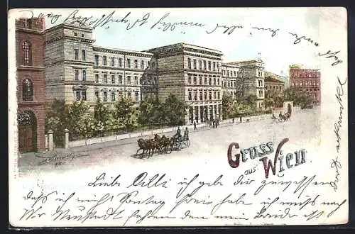 Lithographie Wien, K.K. Kriegsschule mit Pferdekutsche