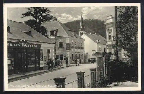 AK Weissenbach a. d. Triesting, Hotel und Geschäft von Johann Völkerer am Hauptplatz