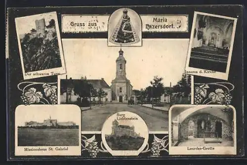 AK Maria Enzersdorf, Missionshaus St. Gabriel, Burg Lichtenstein, Lourdes-Grotte, Der schwarze Turm