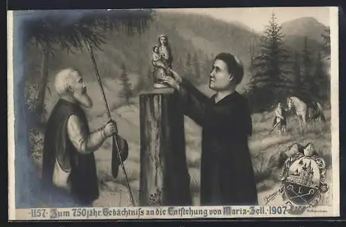 Künstler-AK Maria-Zell, Zum 750 jähr. Gedächtnis an die Entstehung des Ortes 1907, Mönch mit Marienstatue