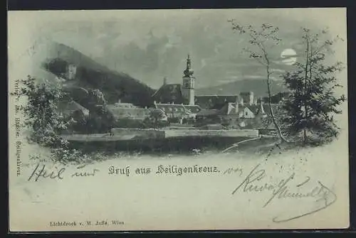 Mondschein-AK Heiligenkreuz, Ortspartie mit Blick zur Kirche