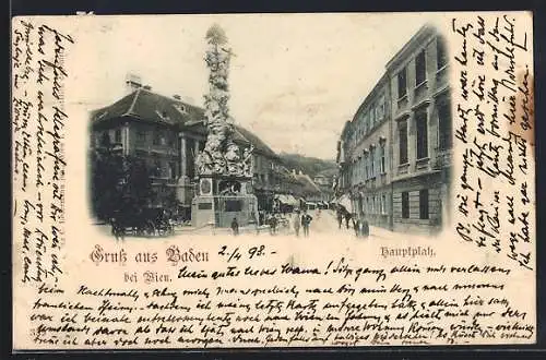 AK Baden, Hauptplatz mit Denkmal und Passanten