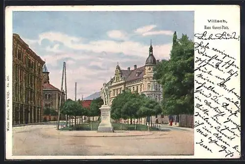 AK Villach, Hans Gasser-Platz mit Denkmal