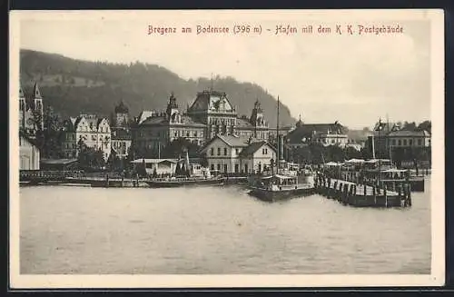 AK Bregenz am Bodensee, Hafen mit dem k. k. Postgebäude