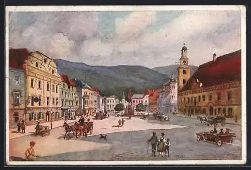 Künstler-AK Leoben, Treiben auf dem Stadtplatz, Pferdekutsche