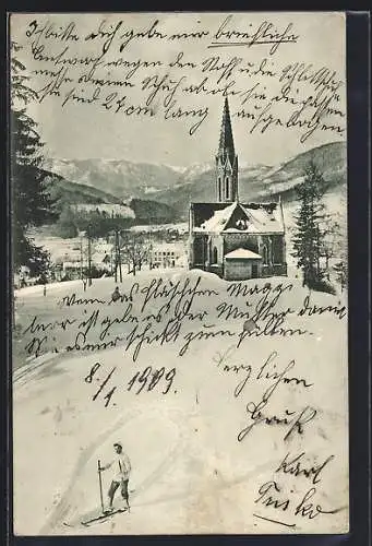 AK Mürzzuschlag, Skilangläufer vor der Evangelischen Kirche