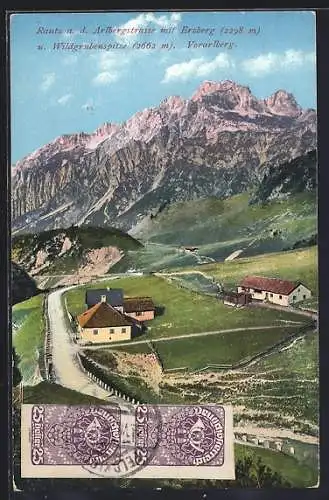 AK Rautz a. d. Arlbergstrasse, Ortsansicht mit Erzberg und Wildgrubenspitze