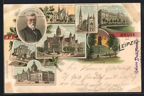 Lithographie Leipzig, Neues Rathaus, Reichsgericht