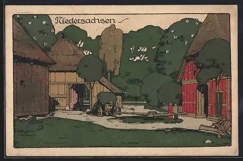 Steindruck-AK Bauernhof in Niedersachsen