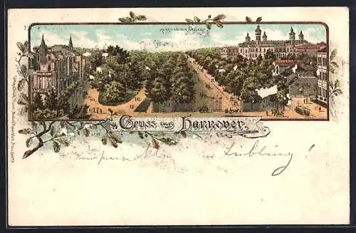 Lithographie Hannover, Herrenhauser-Allee aus der Vogelschau