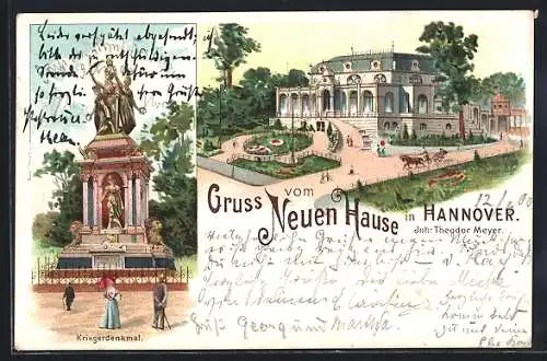 Lithographie Hannover, Gasthaus Neues Haus und Kriegerdenkmal