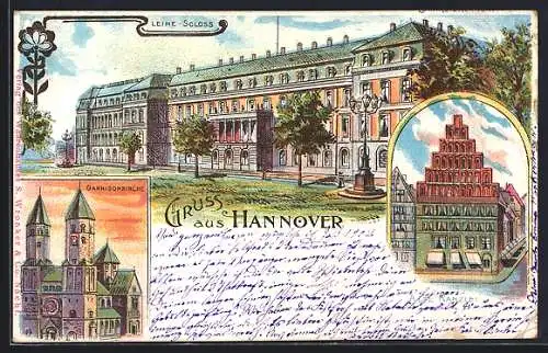 Lithographie Hannover, Leine-Schloss, Alte Kanzlei und Garnisonkirche