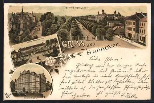 Lithographie Hannover, Herrenhauser Allee, Schloss Herrenhausen, Palmenhaus