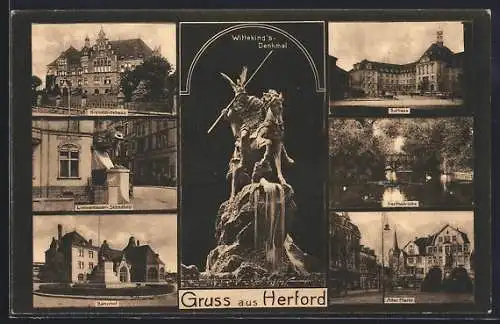 AK Herford, Kreisständerhaus, Bahnhof, Linnenbauer-Standbild, Rathaus