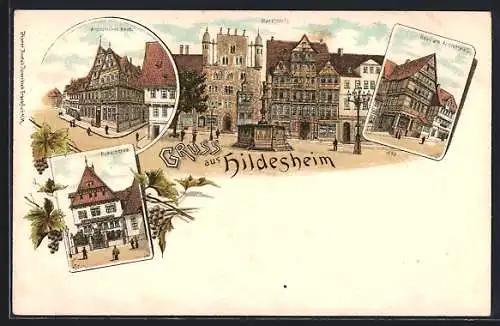 Lithographie Hildesheim, Altdeutsches Haus, Marktplatz, Haus am Andreasplatz, Domschenke