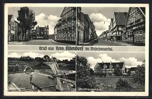 AK Hessisch Oldendorf, Langestrasse, Münchhausenhaus, Badeanstalt