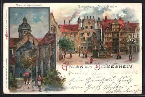 Lithographie Hildesheim, Pemplerhaus und Haus Wedekind & Dom mit Rosenstrauch